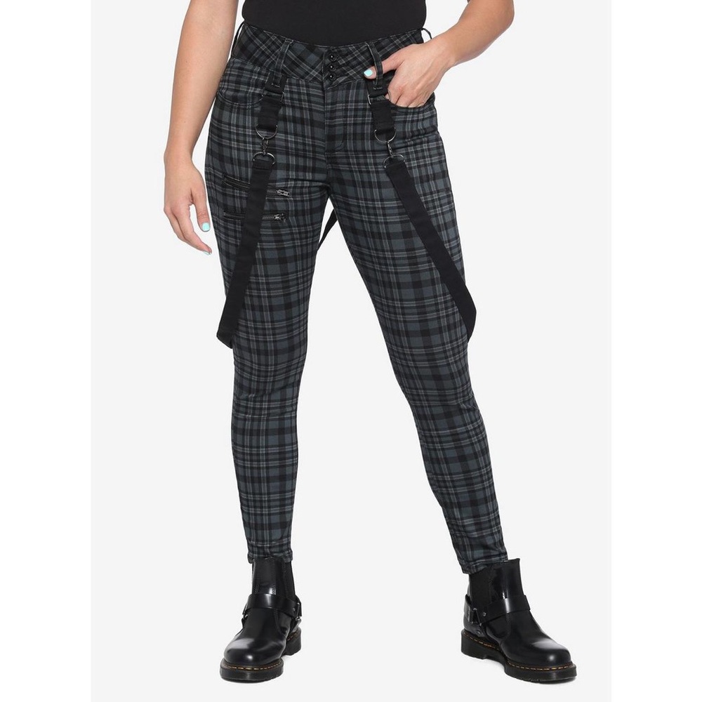Hot Topic | HT Denim Grey Plaid Suspender Hi-Rise Super Skinny Jeans